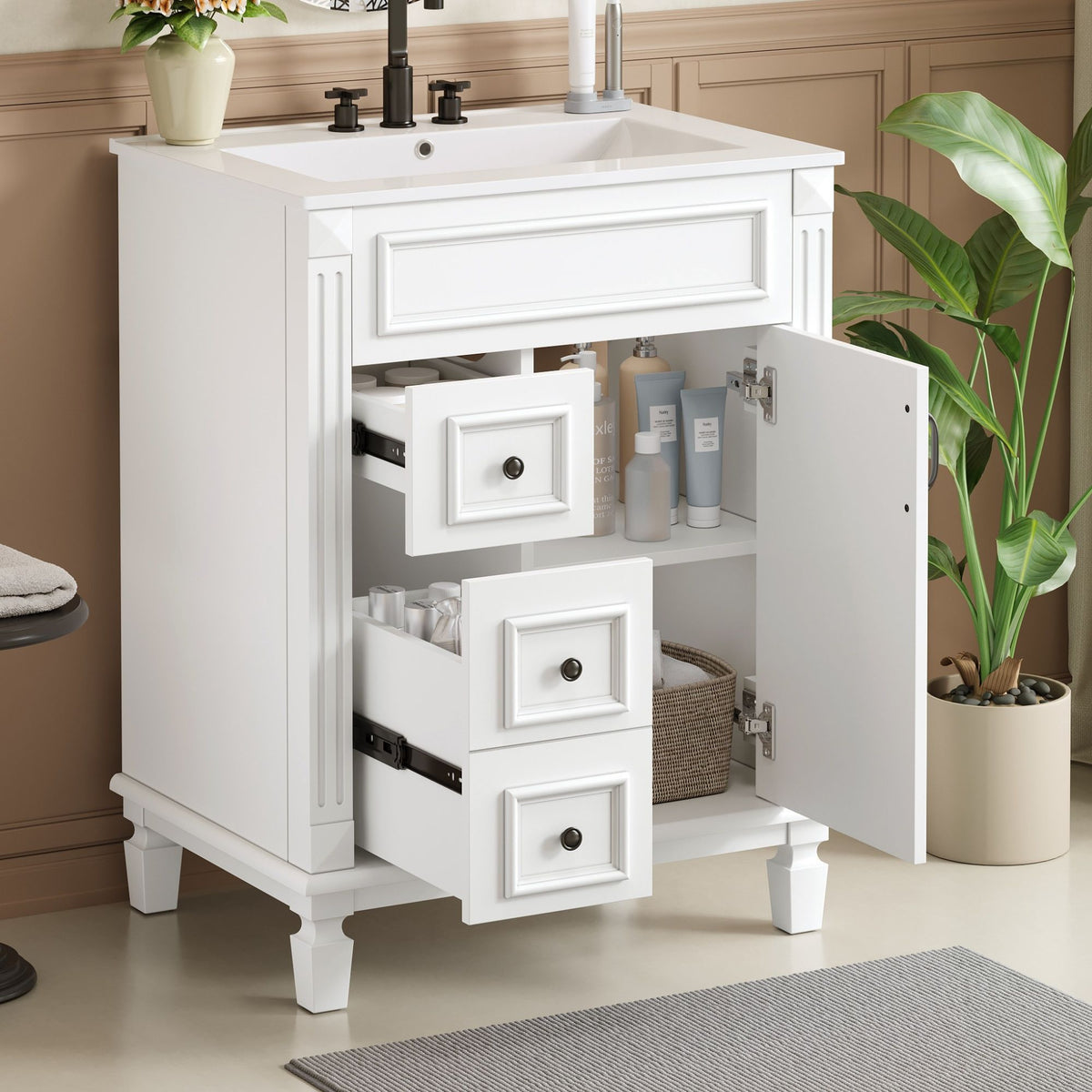 Compact Bathroom Vanity with Ceramic Sink and Storage Drawers - White, Green, Black