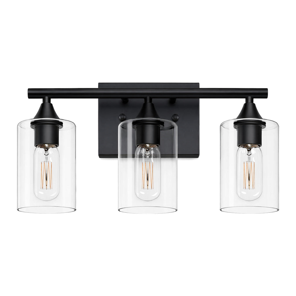 3-Light Matte Bathroom Vanity Wall Light with Clear Glass Shades - Black