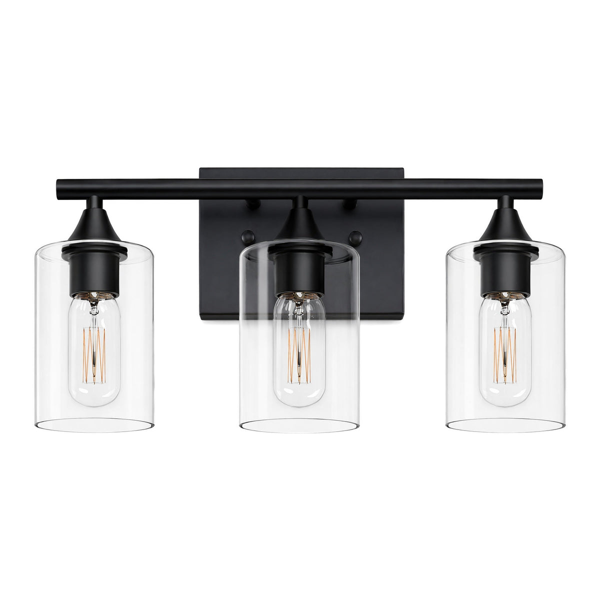 3-Light Matte Bathroom Vanity Wall Light with Clear Glass Shades - Black