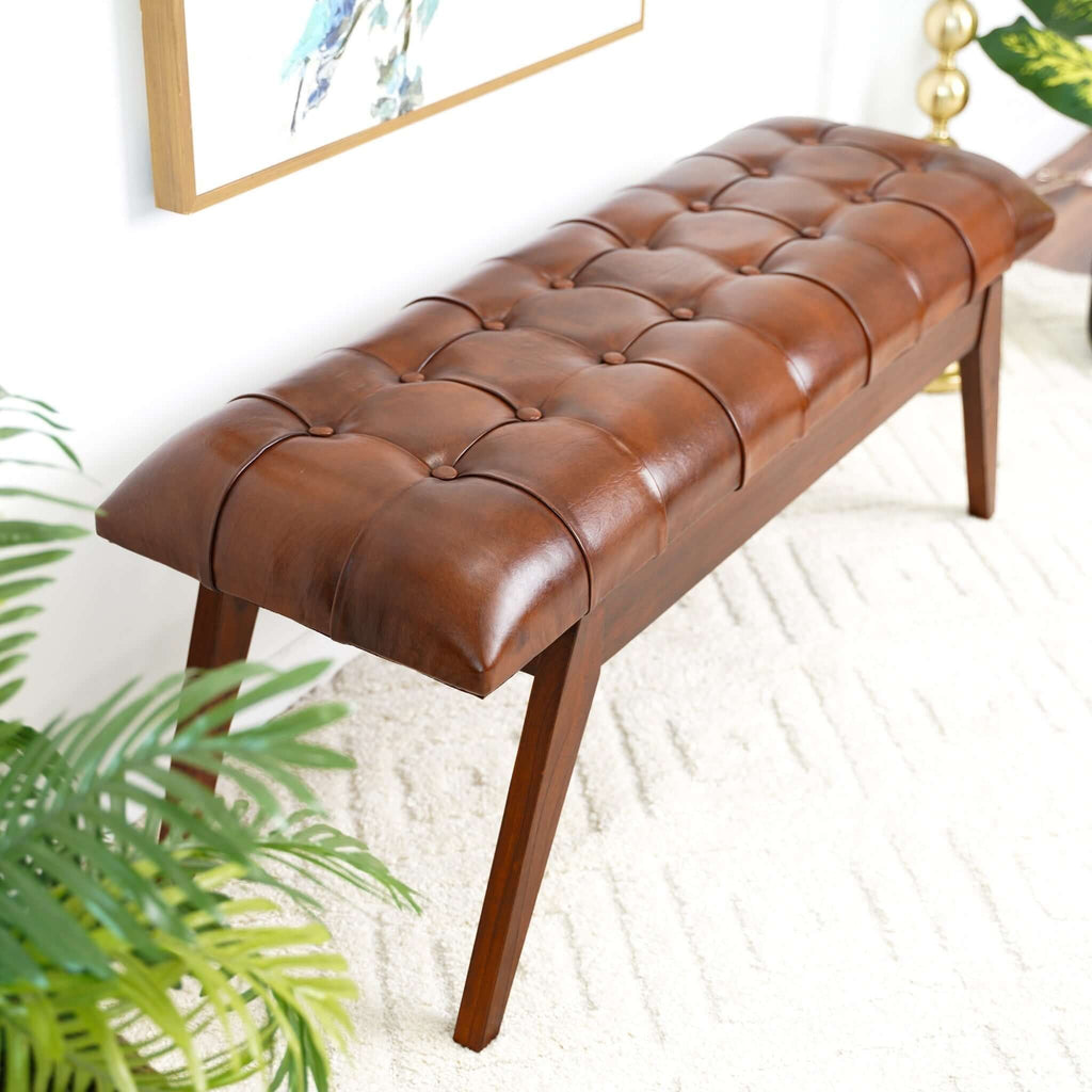 Cognac Genuine Leather Upholstered Bench with Solid Wood Frame - Dark Brown