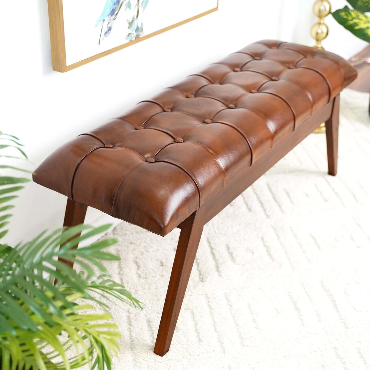 Cognac Genuine Leather Upholstered Bench with Solid Wood Frame - Dark Brown