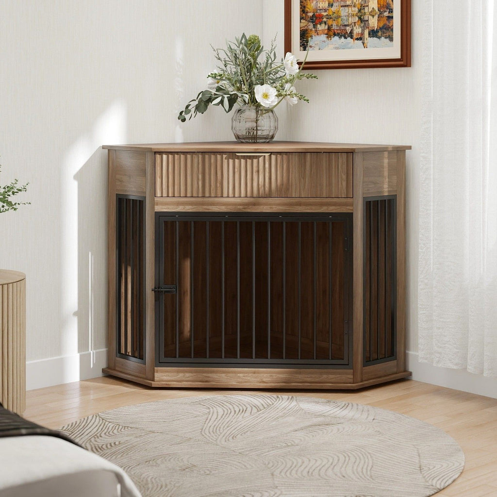 Corner Dog Crate with Fluted Drawer - White or Dark Brown