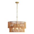 2 Tier Boho Wabi Sabi Chandelier with Handwoven Rattan Shade - Gold