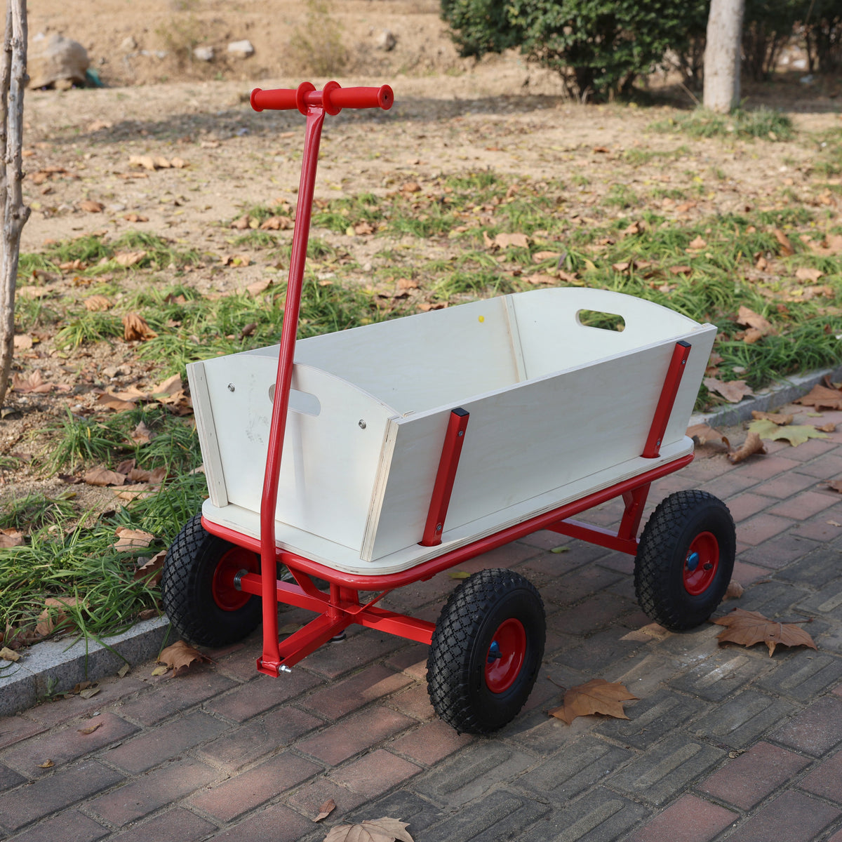 Wooden Carriage Outdoor Stroller with Four-Wheel Design - Natural Wood