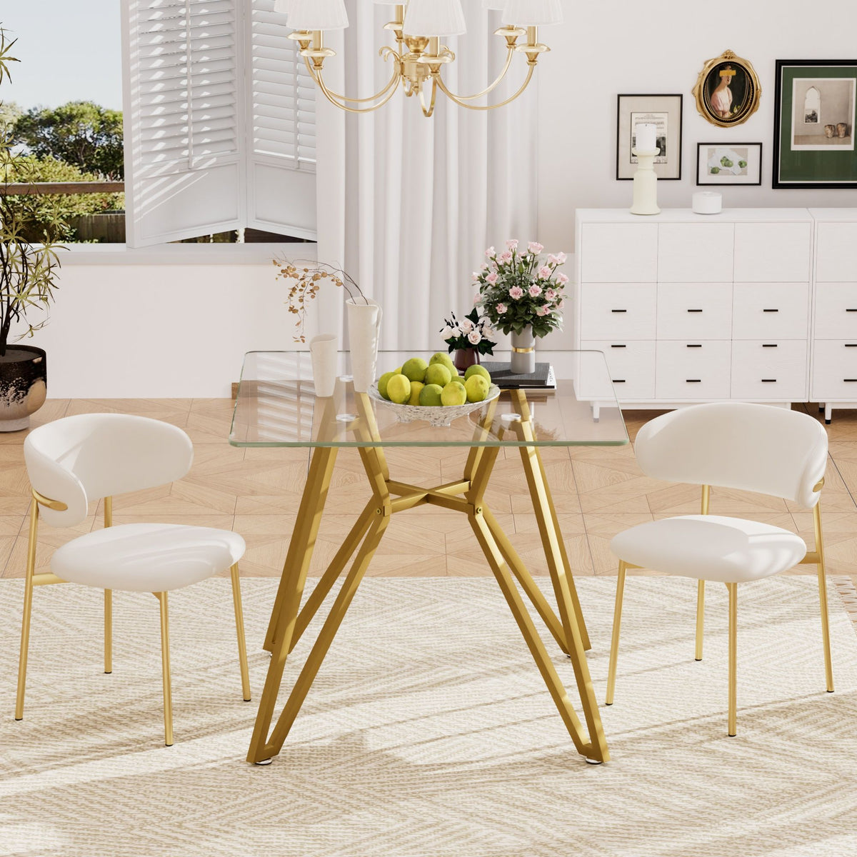 Modern Glass Dining Table with Metal Legs - Gold