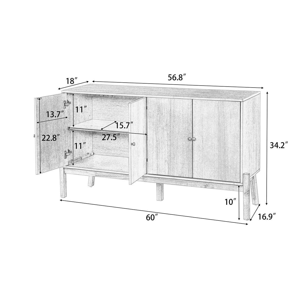 Vintage Sideboard Buffet Cabinet with 4 Doors - Brown or Natural
