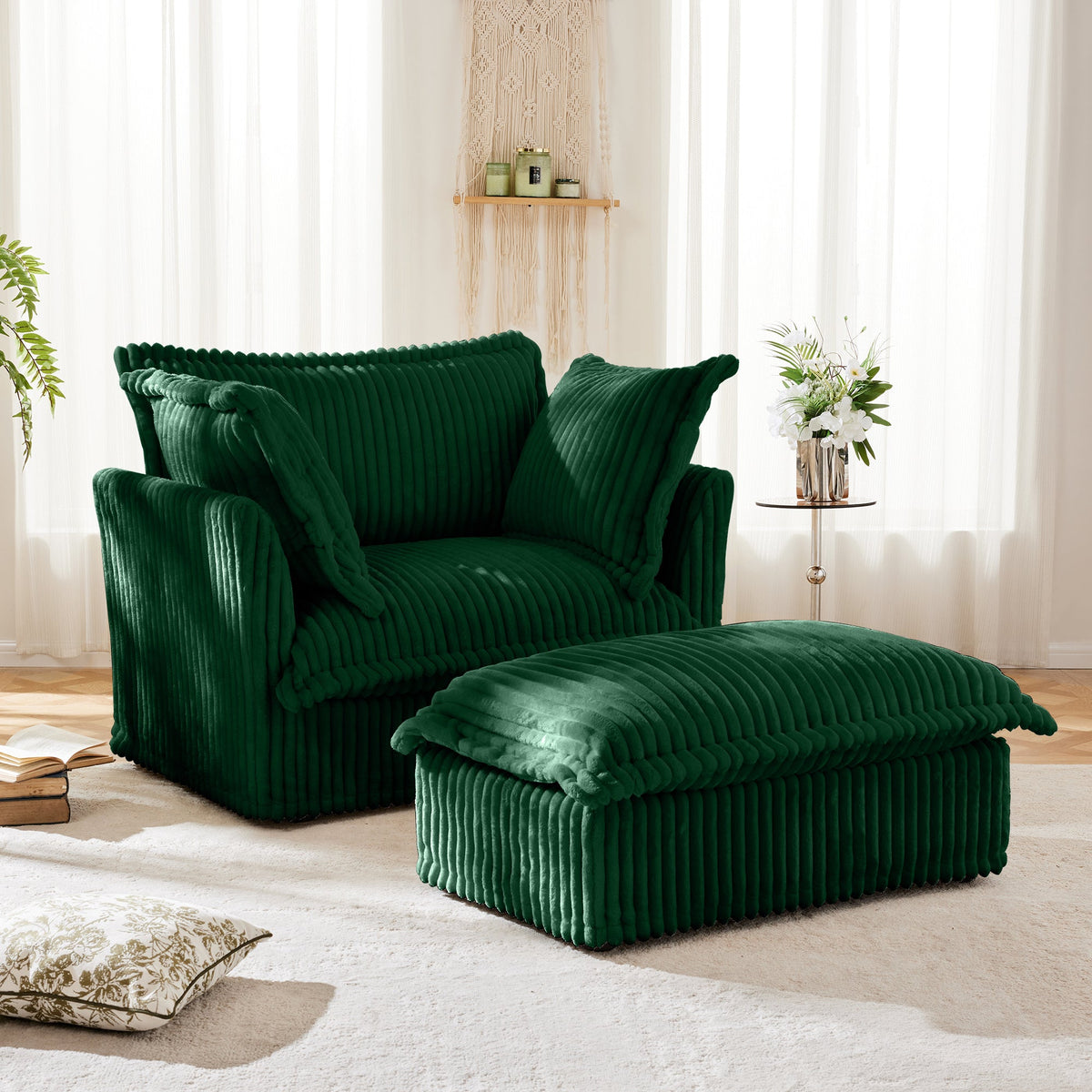 Upholstered Slipcovered Armchair with Ottoman Set with Removable Covers - Corduroy