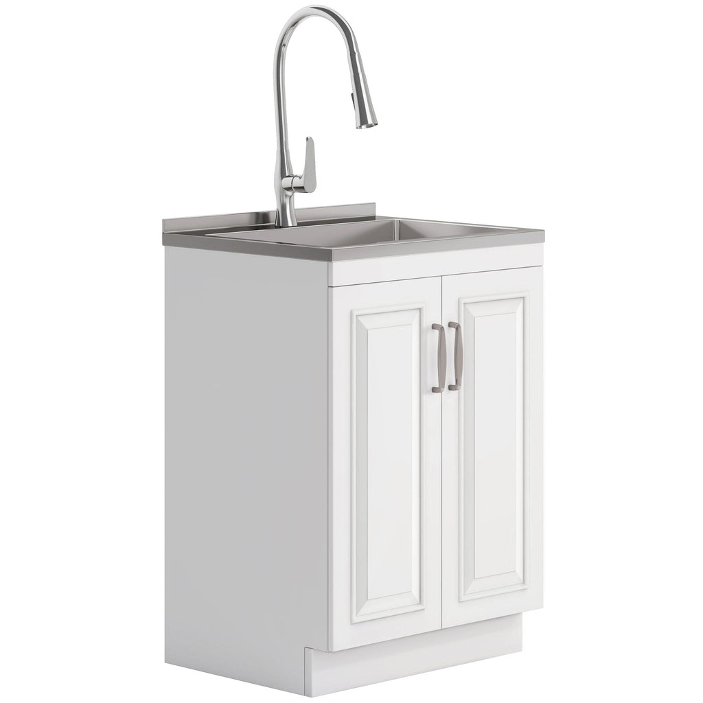 Deluxe Laundry Cabinet with Pull-Out Faucet and Stainless Steel Sink - White