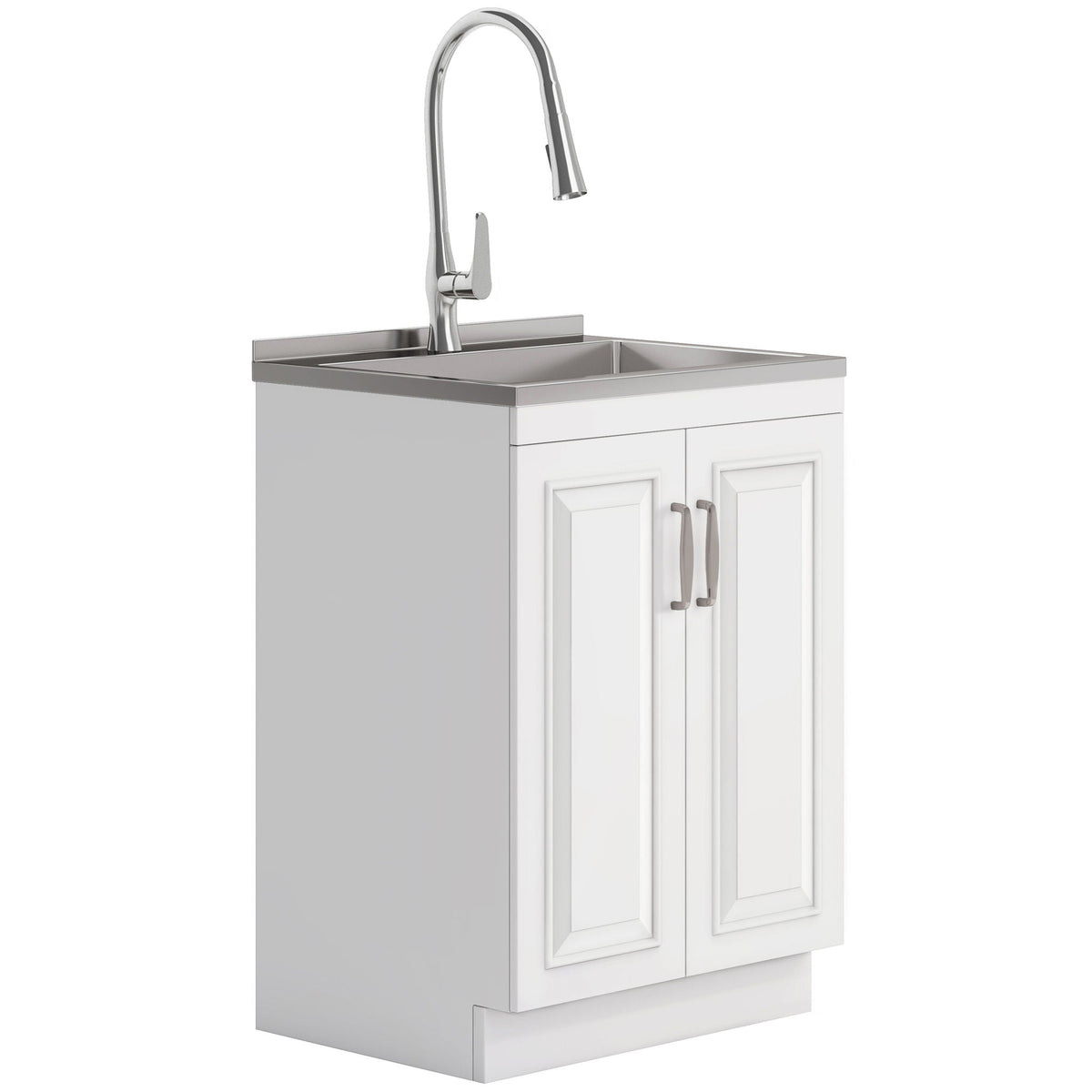 Deluxe Laundry Cabinet with Pull-Out Faucet and Stainless Steel Sink - White
