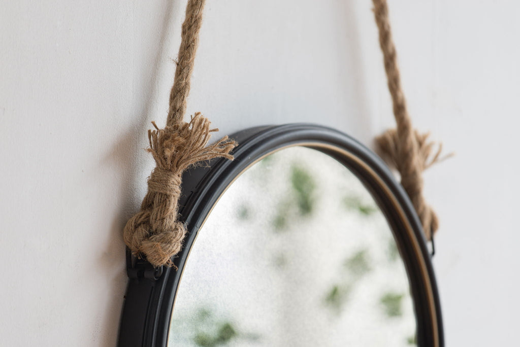 Black Circle Wall Mirror with Rope Strap - Contemporary Metal Frame