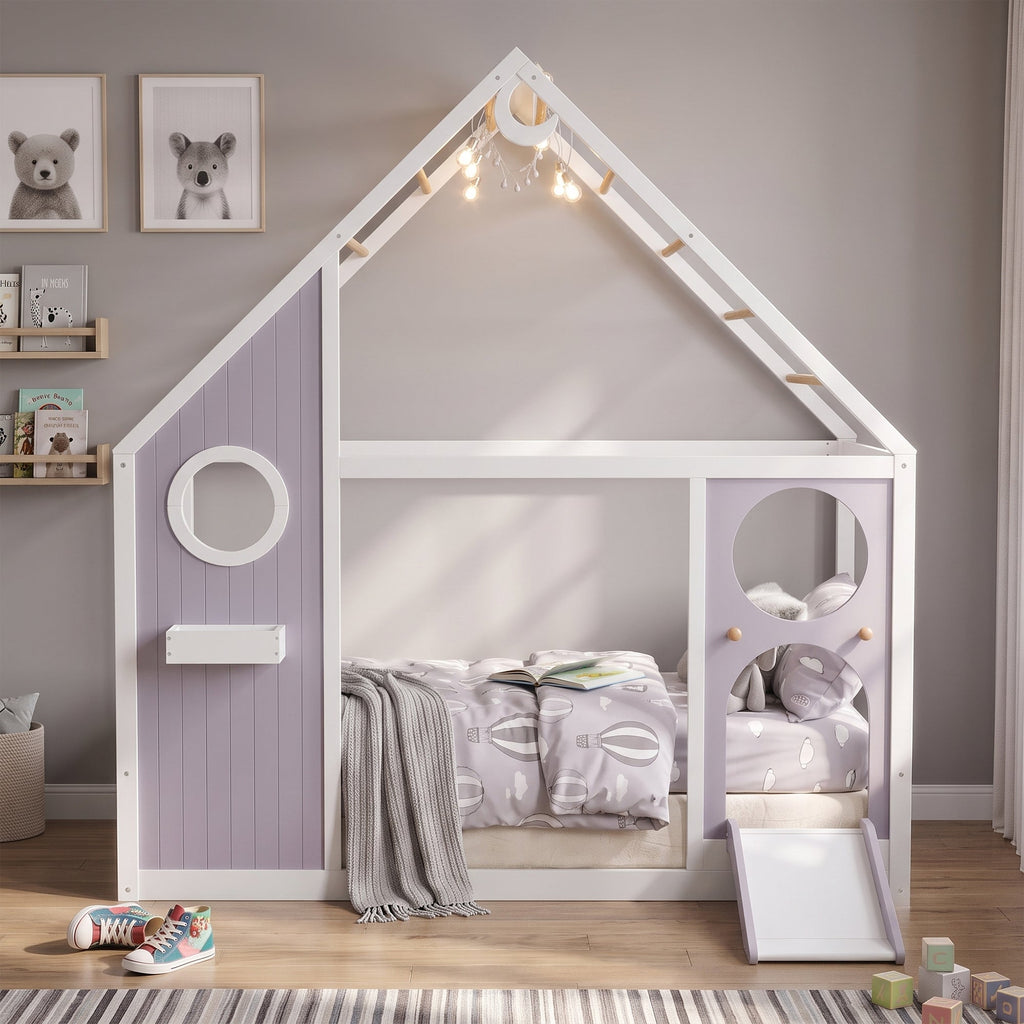 Twin House Bed with Slide and Light Strip