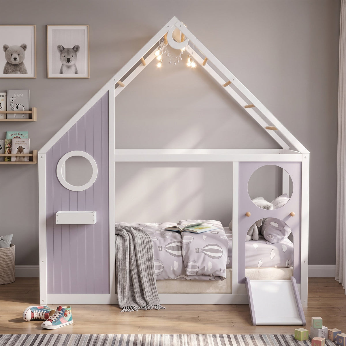 Twin House Bed with Slide and Light Strip