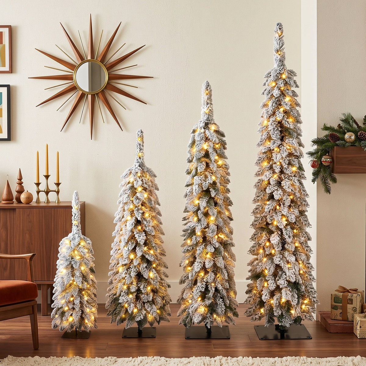 Pre-Flocked Pencil Christmas Trees 4 Pack with Easy Setup - White Flocked