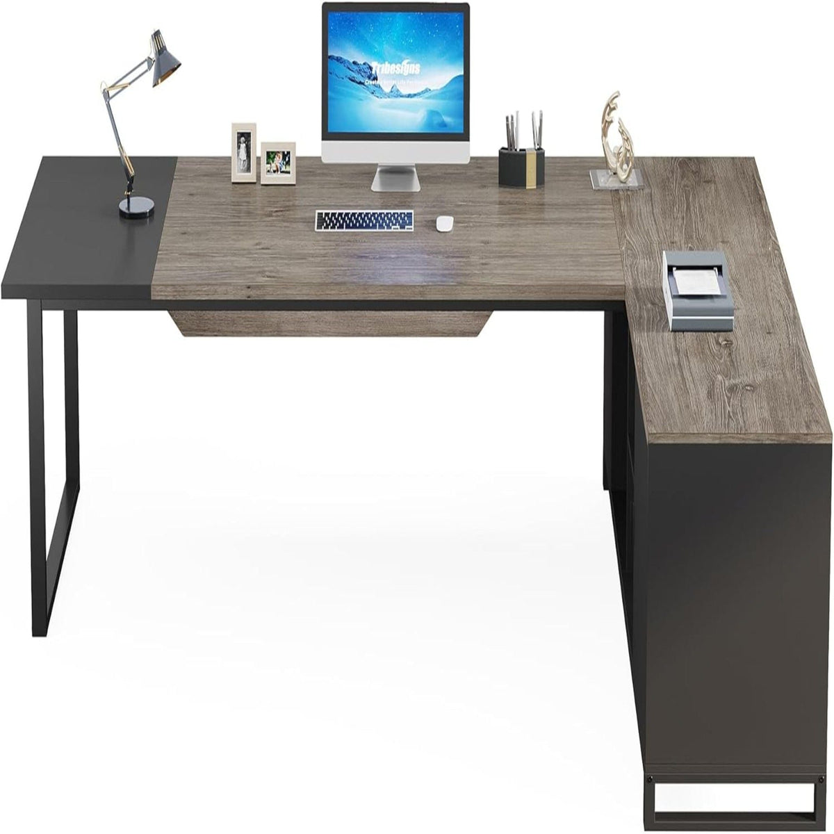 L-Shaped Executive Desk with File Cabinet and Storage - Light Brown or Dark Gray