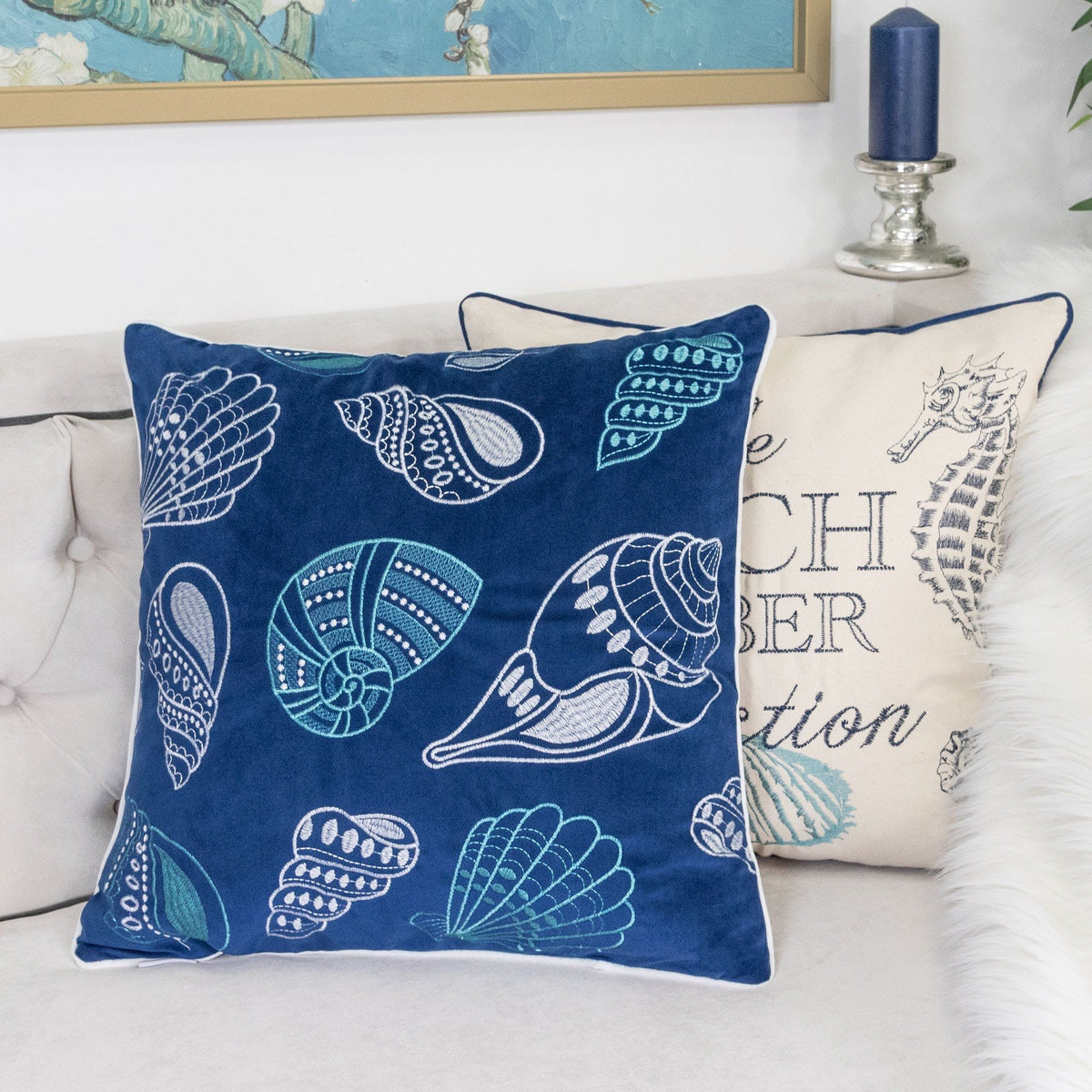 Seashells Pillow Cover with Hidden Zipper - Blue or Light Blue