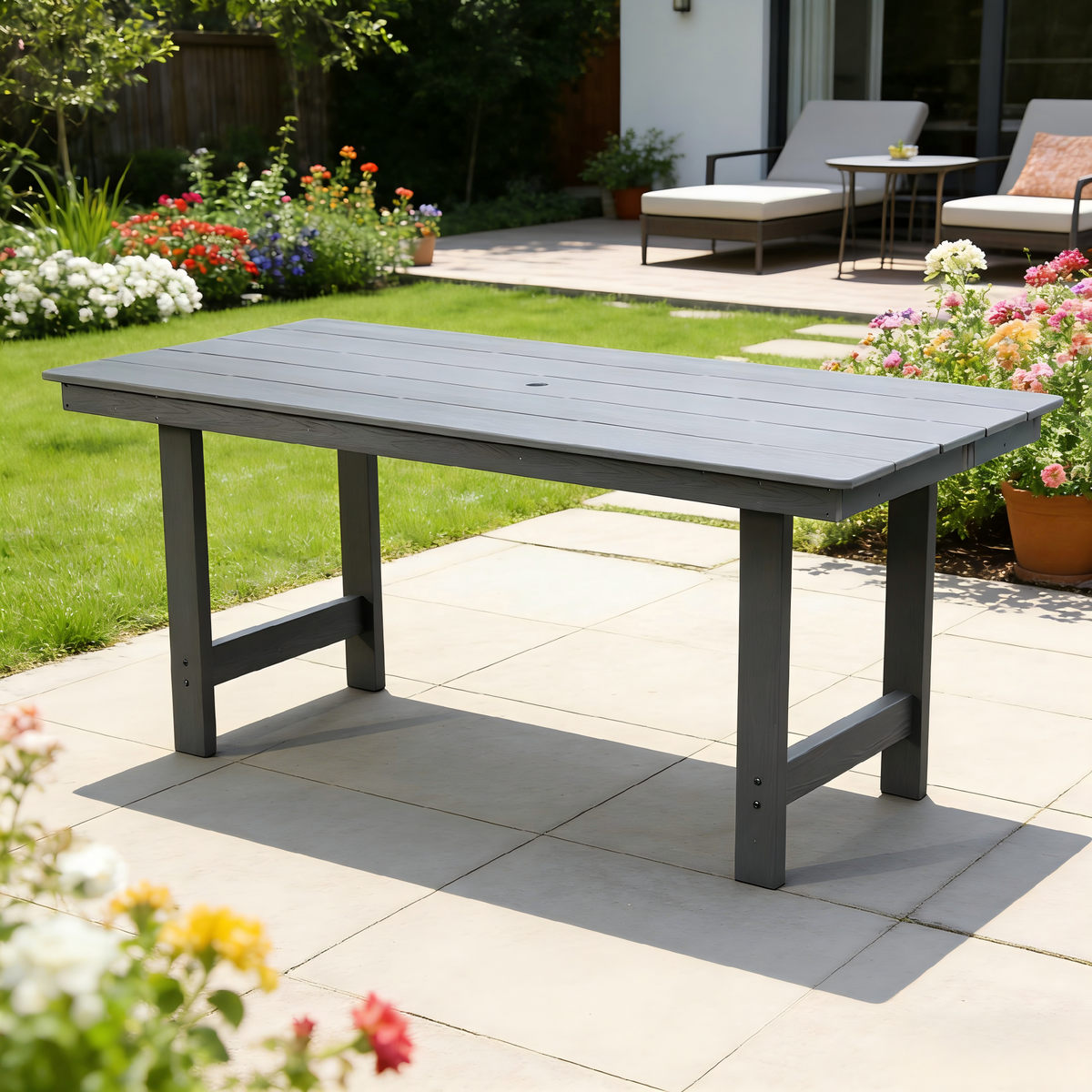 HDPE Patio Dining Table with Umbrella Hole – Seats 4-6 - Gray or Black