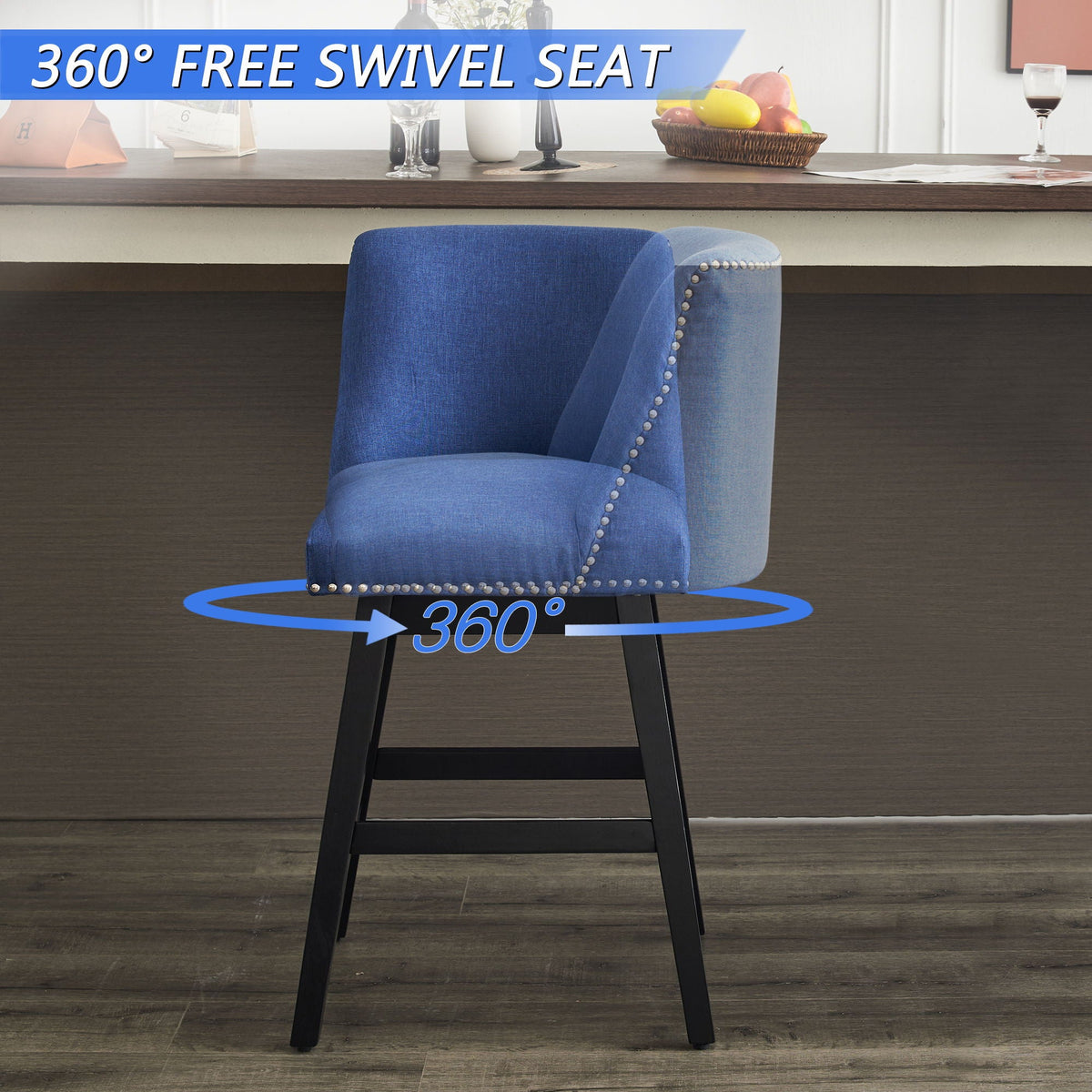 Upholstered Swivel Bar Stool Set with High Back and 360° Rotation - Blue or Dark Gray