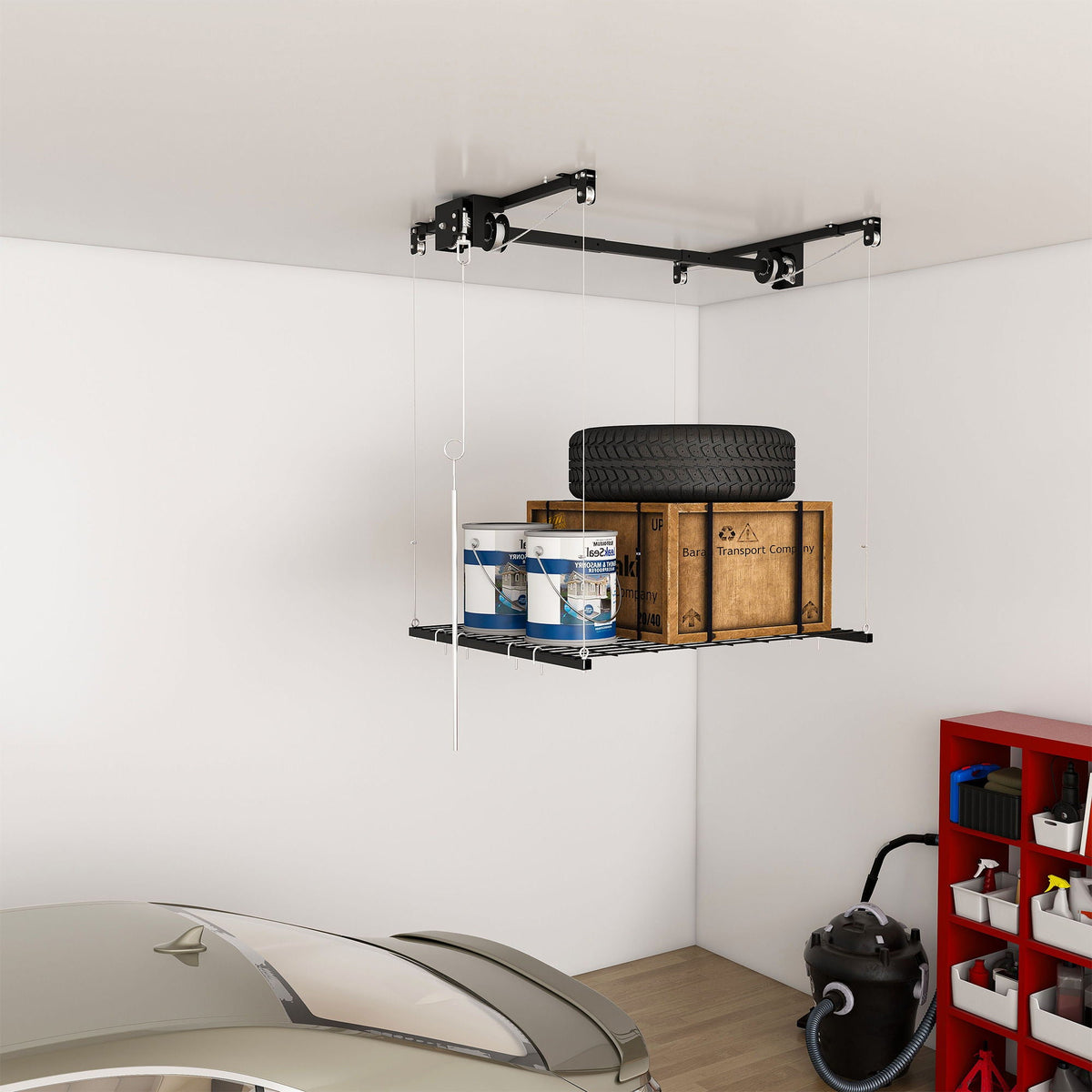 Overhead Garage Storage Rack with Crank System - Black or White