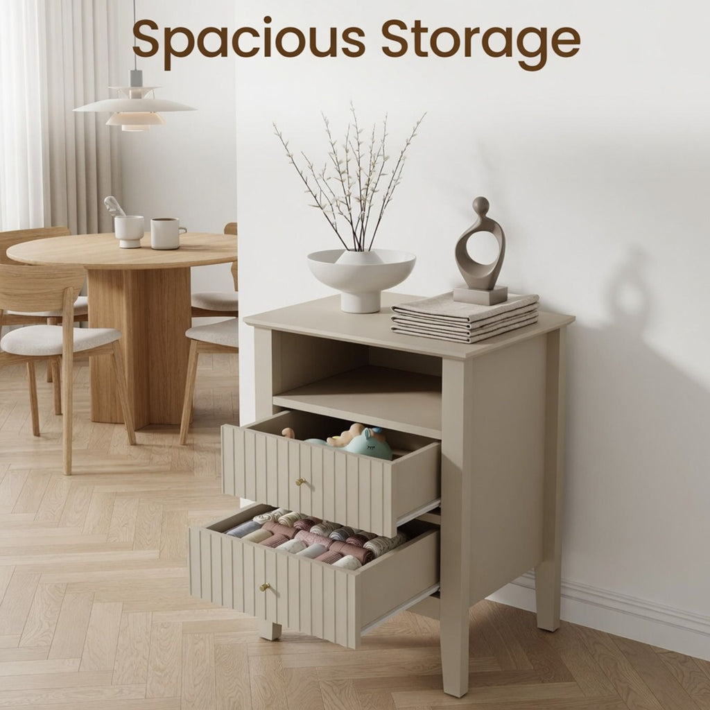 Fluted Nightstand with 2 Drawers and Soft-Close Slides - Multiple Colors