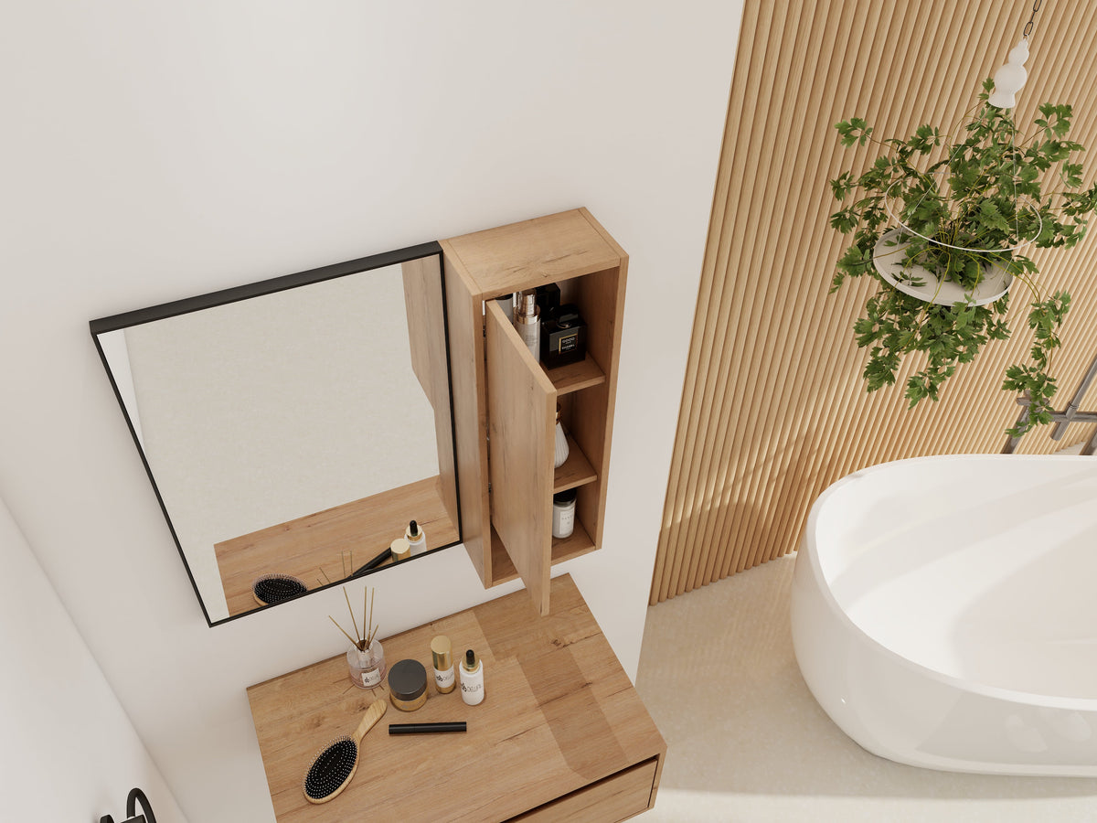 Imitative Oak Wall Mounted Bathroom Mirror Cabinet with Soft Close Door
