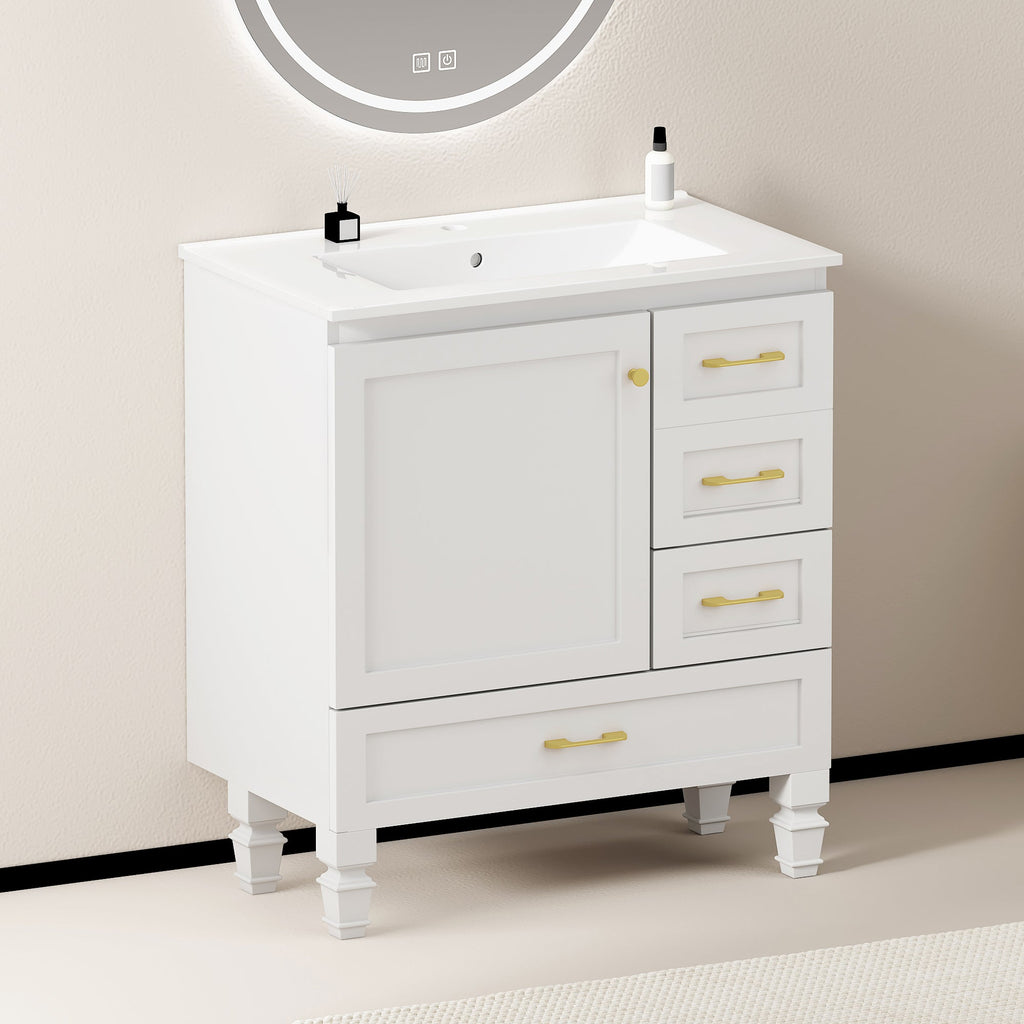 30" White Bathroom Vanity with Soft Close Doors and Ample Storage - White