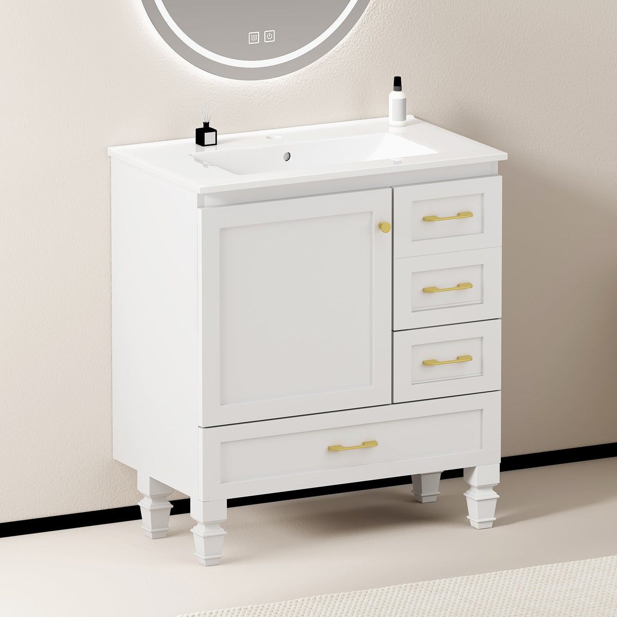 30" White Bathroom Vanity with Soft Close Doors and Ample Storage - White