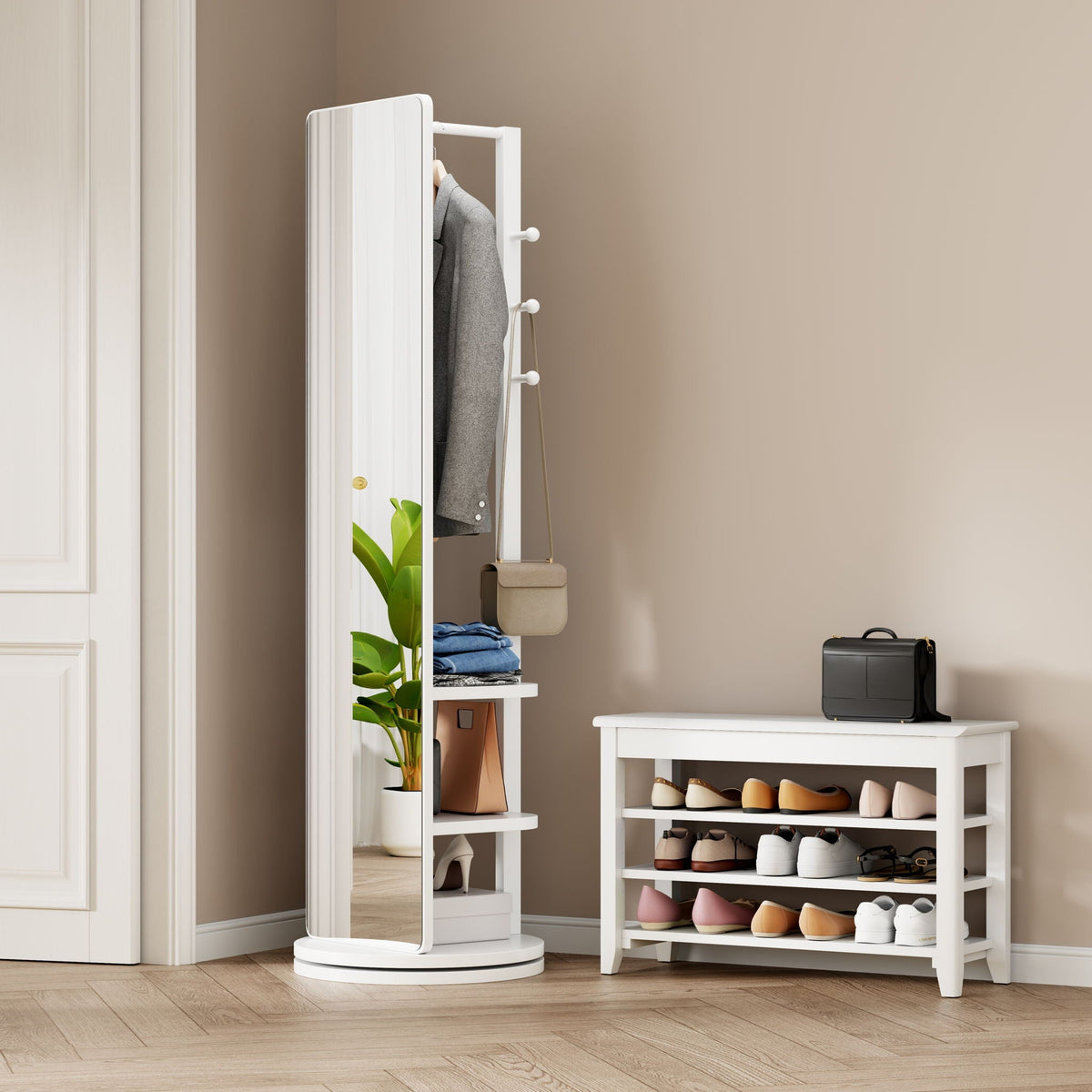 3 In 1 Multifunctional Full-Length Clothing Mirror with Rotating Design - Dark Brown, Black, White, Light Brown
