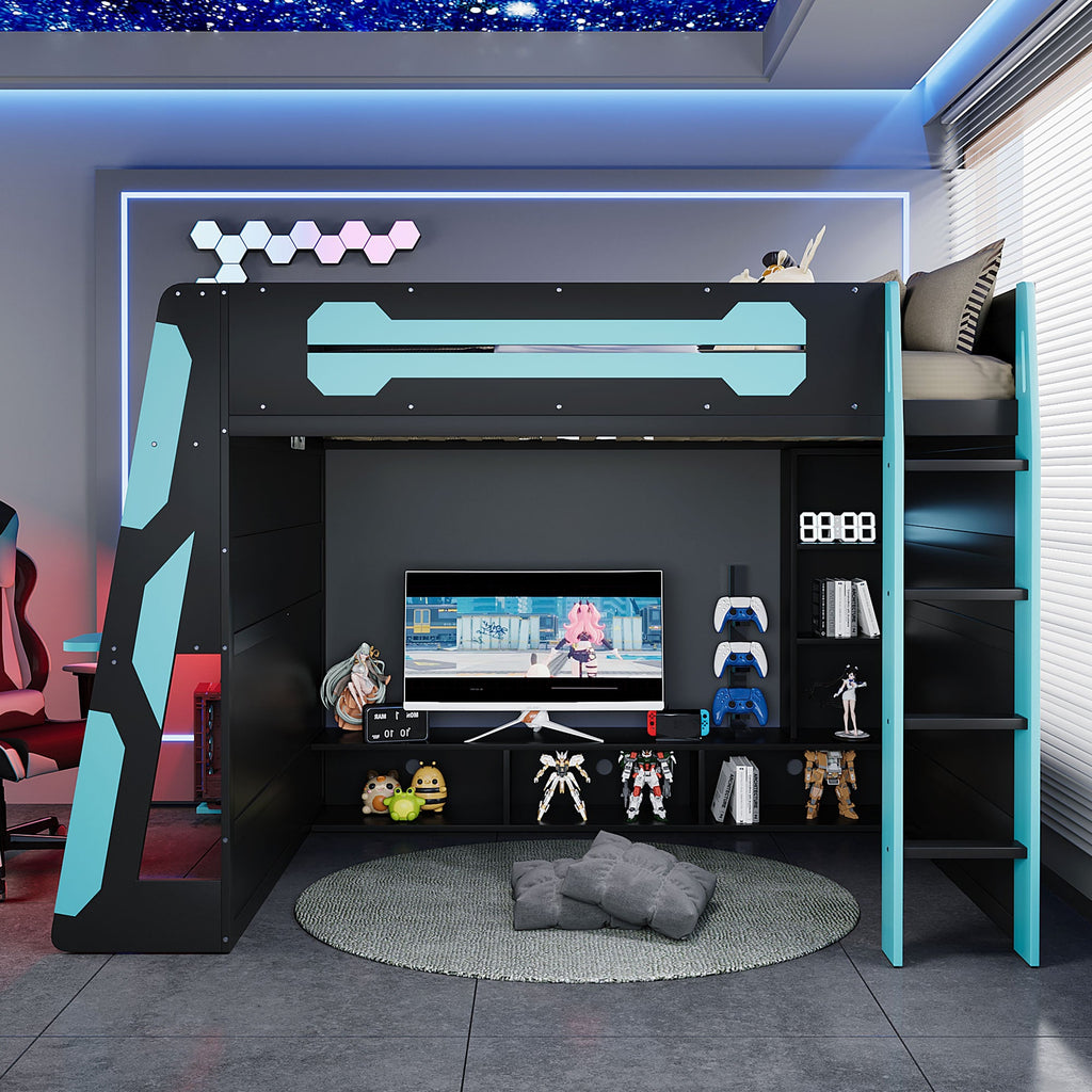 Full Size Wood Loft Bed with Desk and RGB Light - Cloud