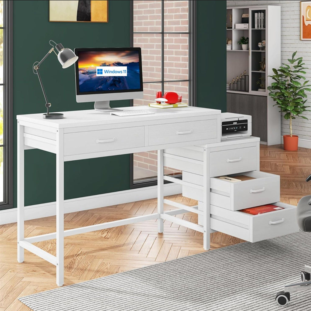 Computer Desk with Reversible 5 Drawer Storage - White or Light Brown