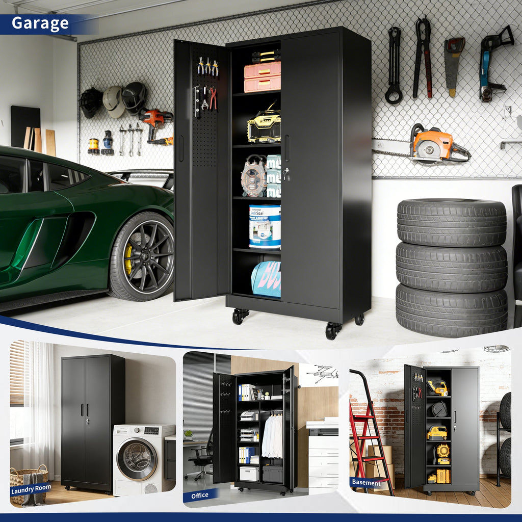 Rolling Metal Storage Locker Cabinet with Lockable Doors - Steel