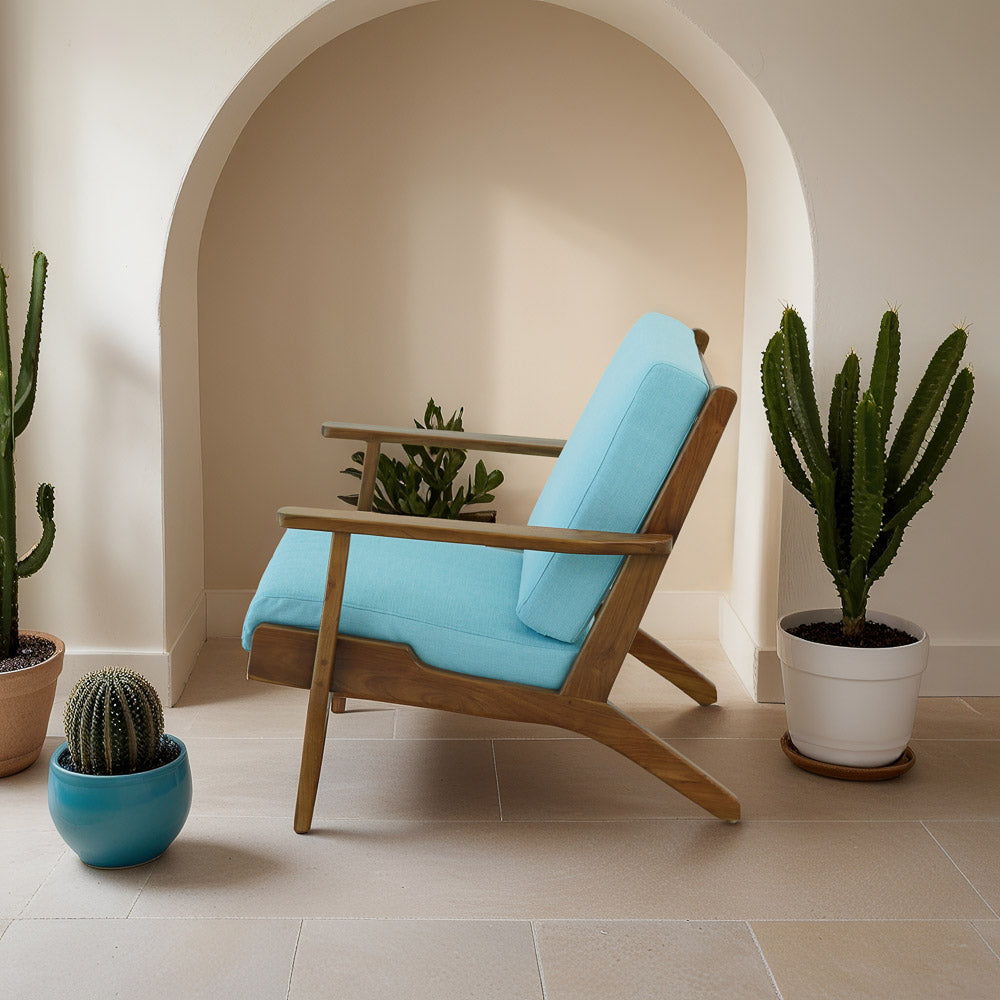 Genuine Lounge Chair with Solid Wood Frame - Beige, Green, Light Blue