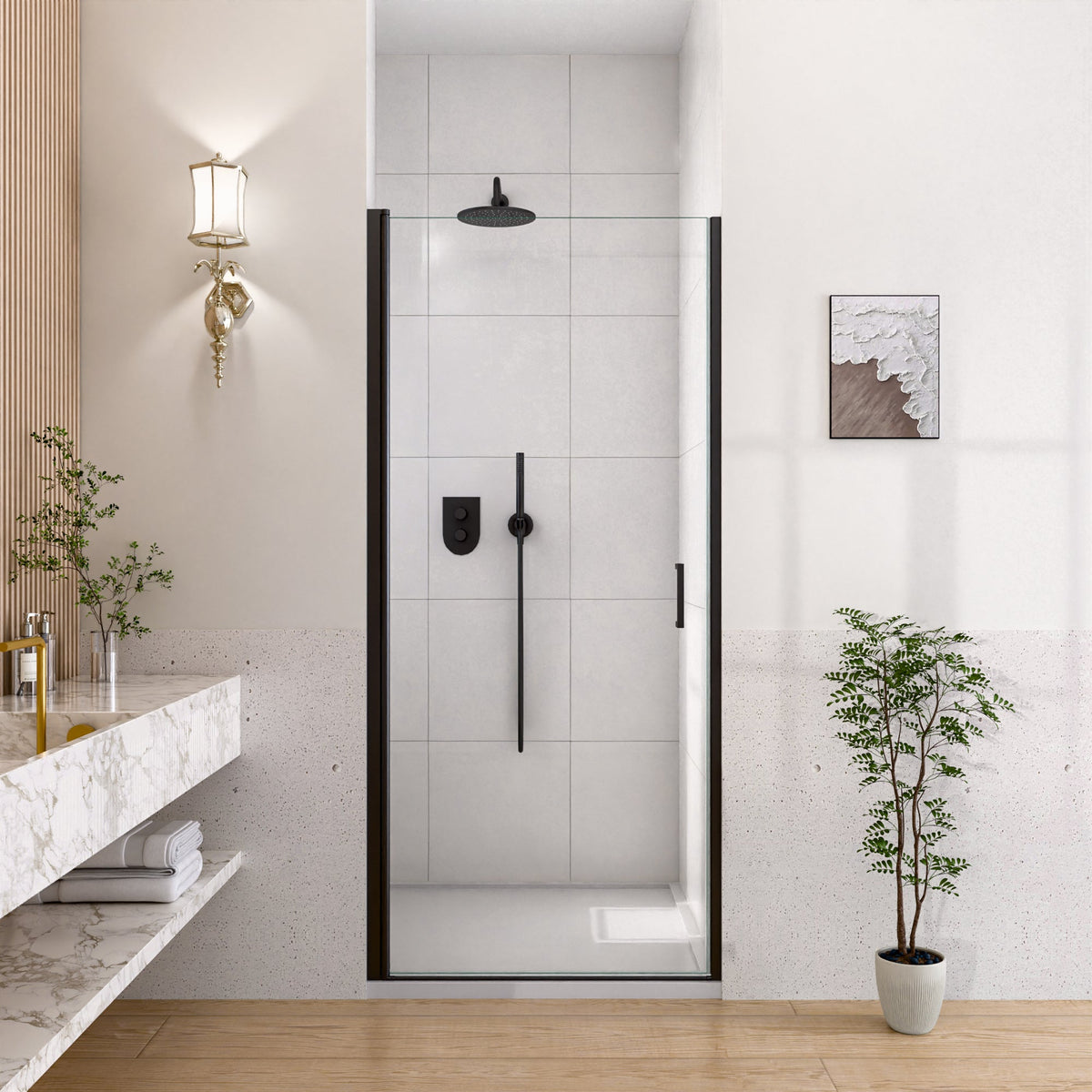 Semi-Frameless Pivot Shower Door with Soft-Close - Matte Black