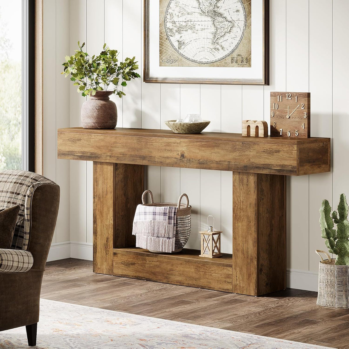 Console Table with 2 Tier Storage and U-Shaped Base - Light Brown or Dark Brown