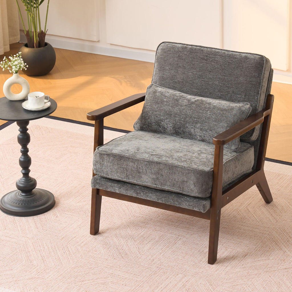 Living Room Chair with Lumbar Pillow and Solid Wood Frame - Dark Gray, Dark Green, Beige