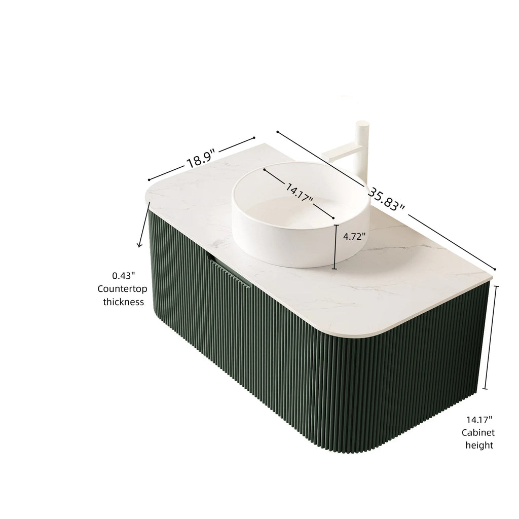 36" Floating Bathroom Vanity with Curved Edges and Ceramic Sink - Dark Green