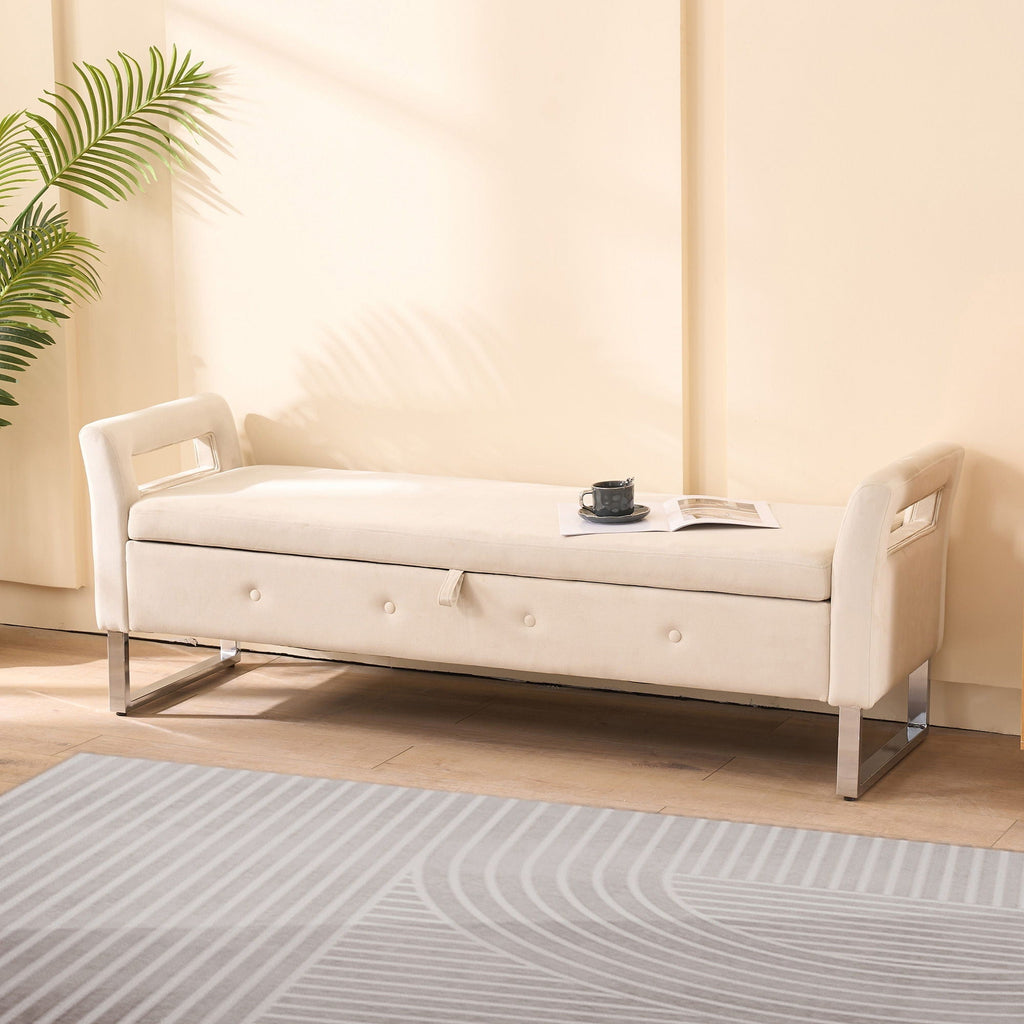 Wide Storage Ottoman Bench with Armrests - Fabric