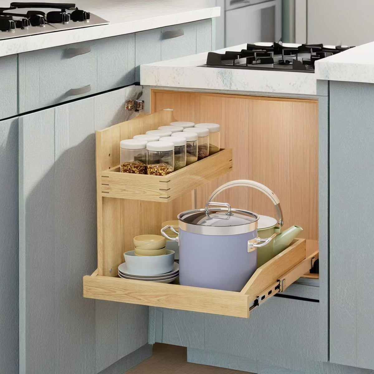 2 Tier Pull Out Under Sink Organizer with Full-Tension Slides - Natural Wood