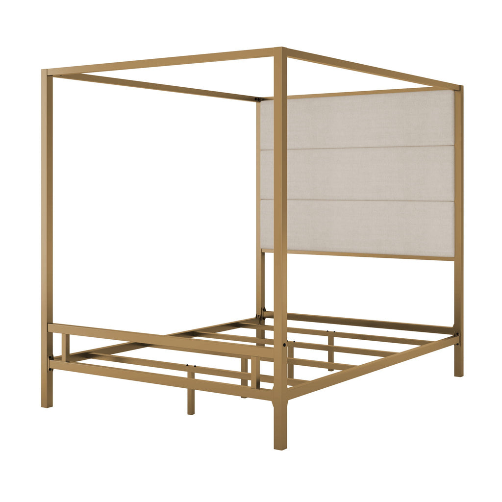 Canopy Bed With Tall Upholstered Headboard - 4 Poster Frame - Gold or Black