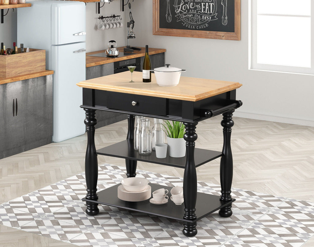 Black Kitchen Island with Cutting Board and Storage Shelves