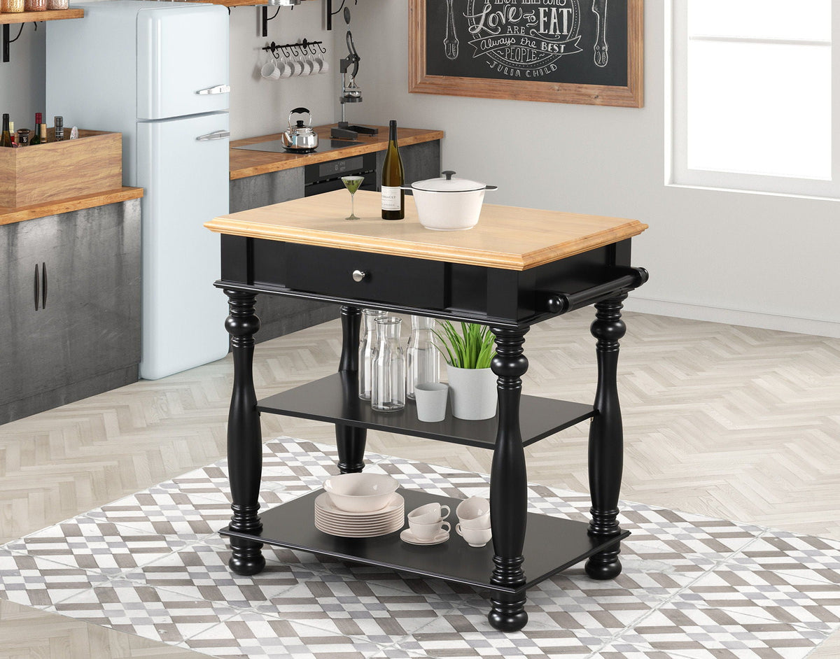 Black Kitchen Island with Cutting Board and Storage Shelves