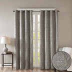 Charcoal Knitted Jacquard Damask Blackout Curtain Panel with Silver Grommets