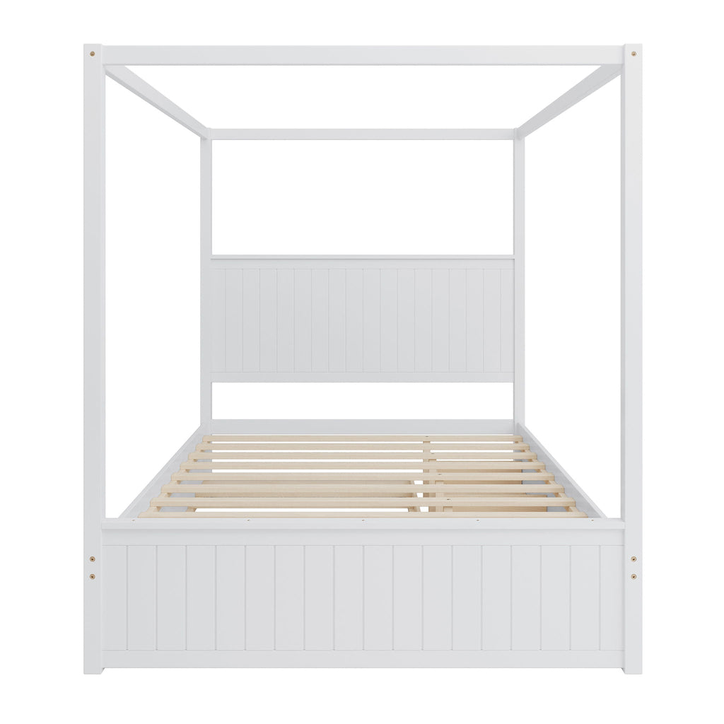 Canopy Platform Bed with Trundle and 3 Storage Drawers - Queen, Solid Pine