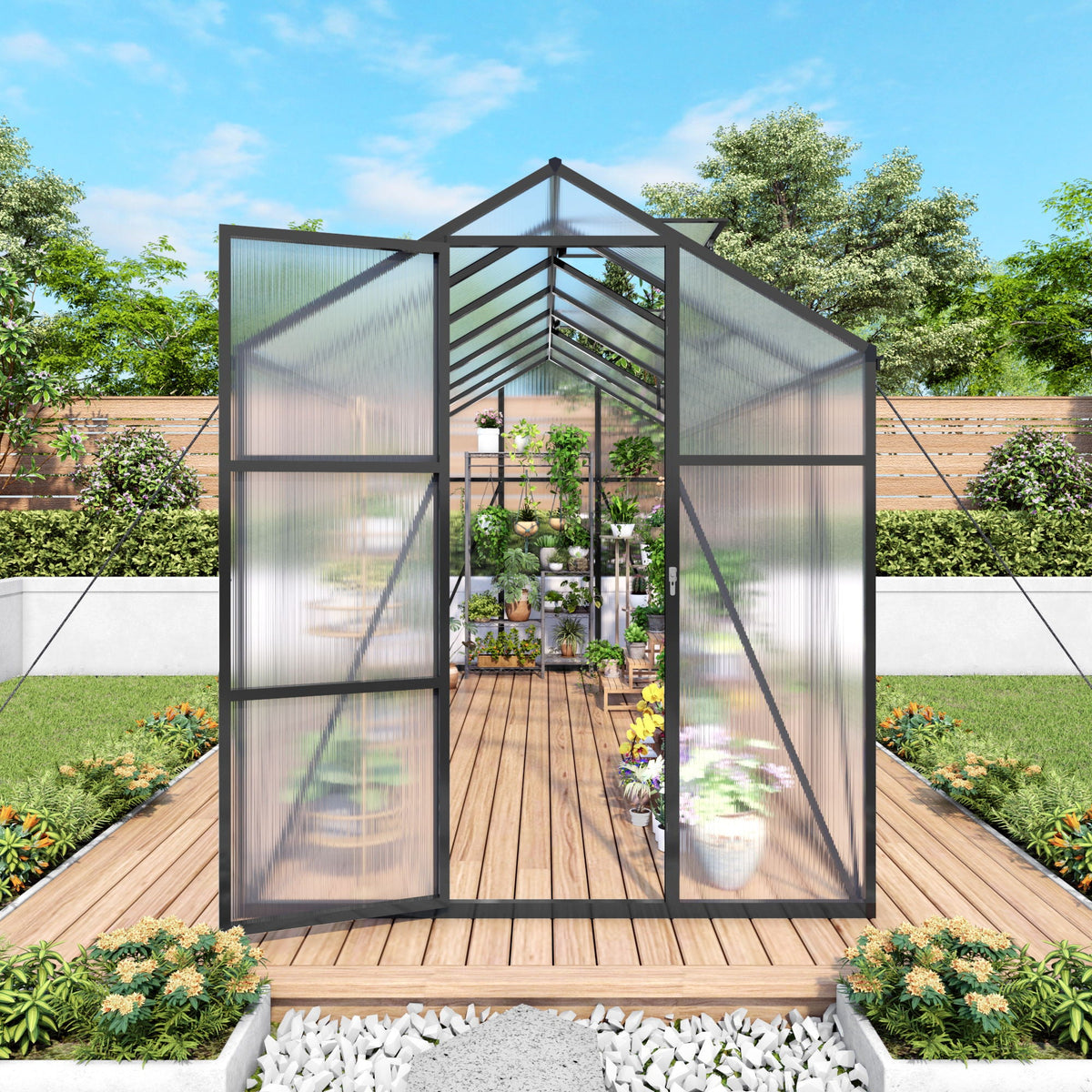 Windproof Greenhouse with Raised Base - Polycarbonate Panels - Black