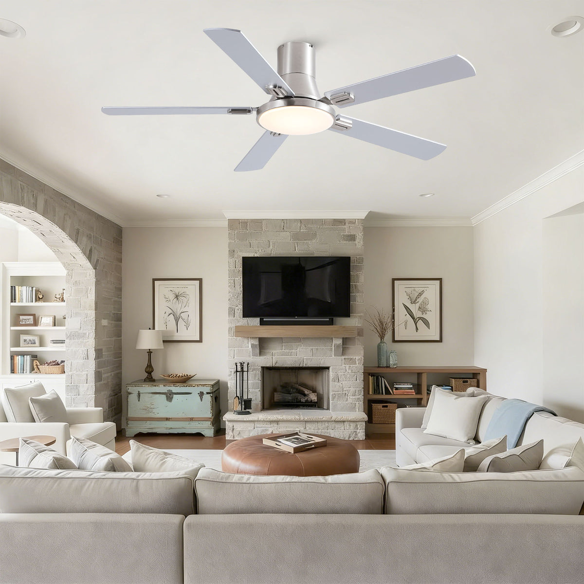Flush Mount Ceiling Fan with LED Light and Remote Control - Black, White, Pearl Silver