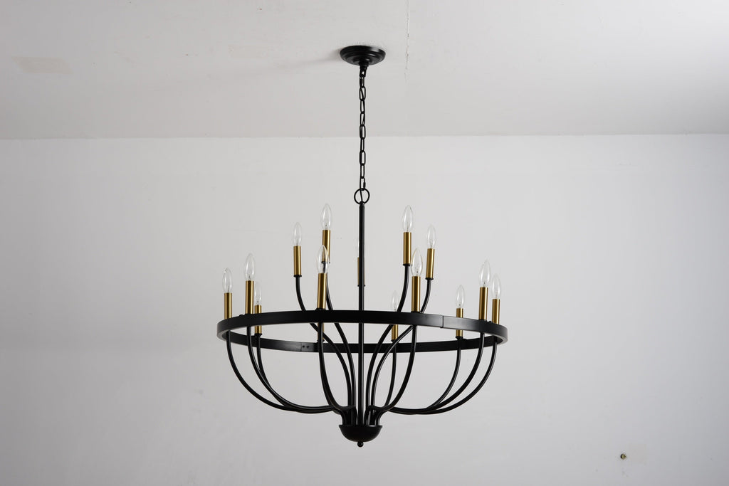 18-Light Industrial Iron Candle Chandelier with Adjustable Height - Gold & Black