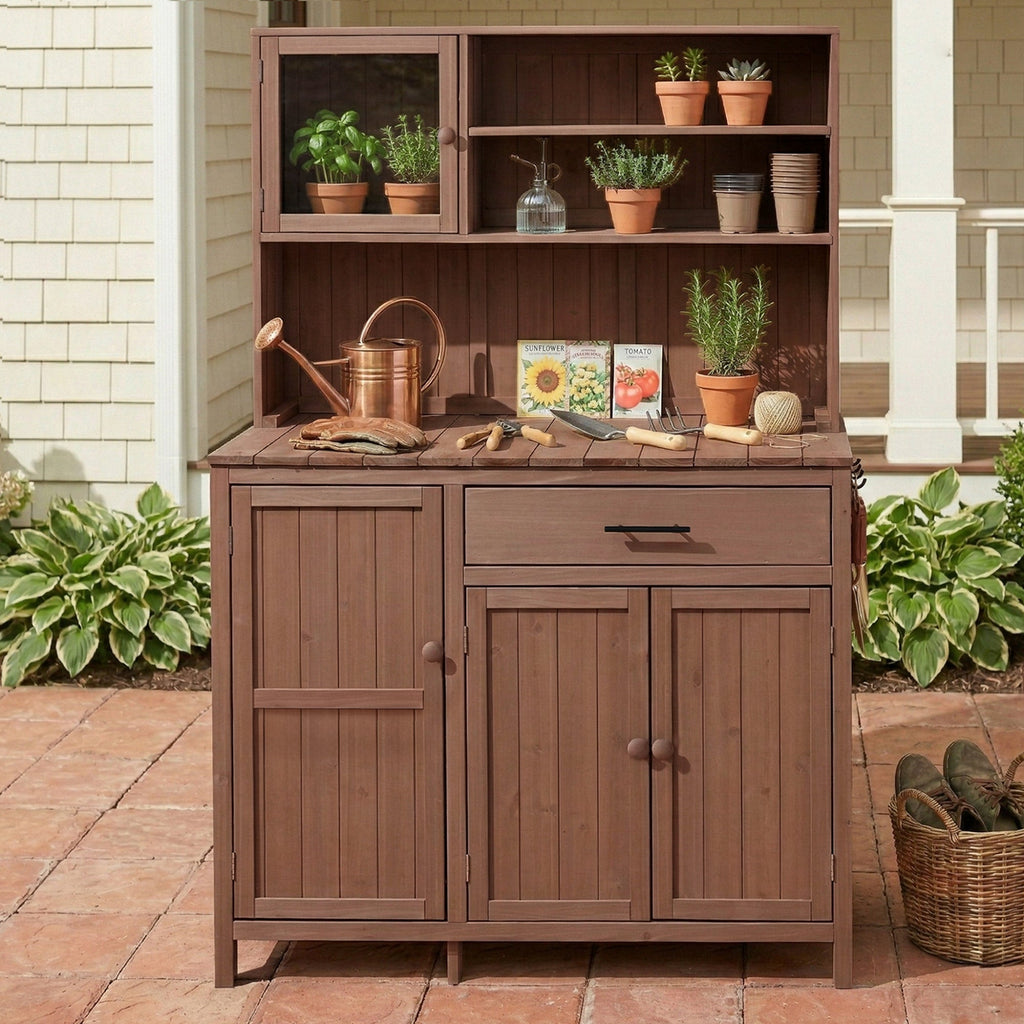 Solid Fir Wood Potting Bench with Hutch - Brown or Gray