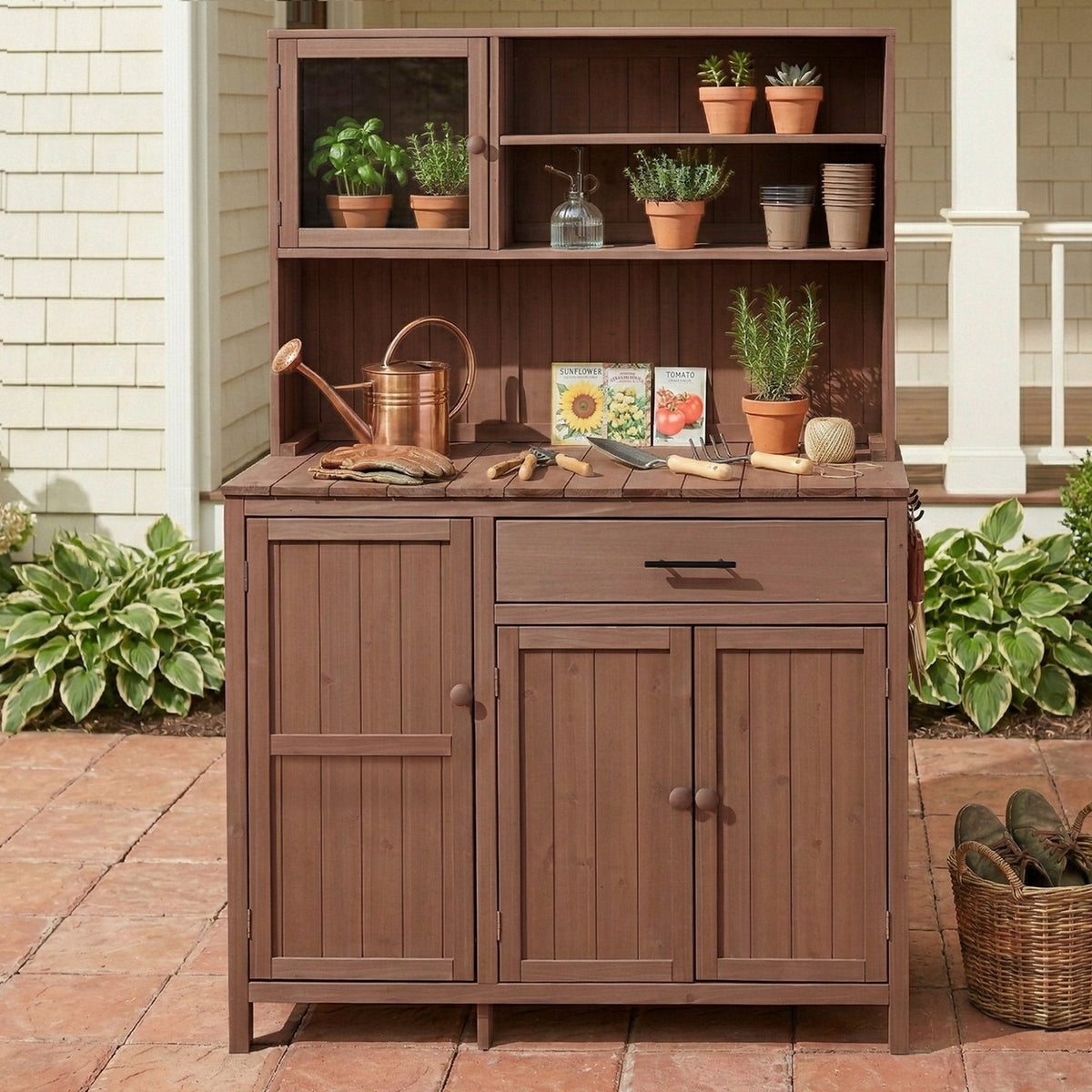 Solid Fir Wood Potting Bench with Hutch - Brown or Gray