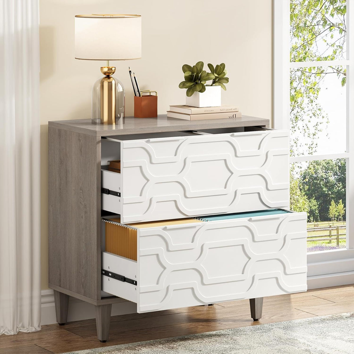 2 Drawer Lateral File Cabinet with Dual-Space Drawers - Gray / White