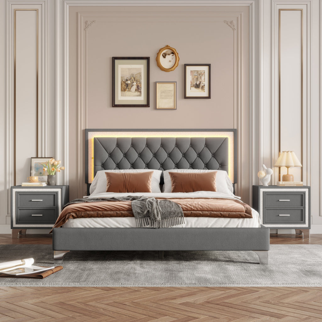 Queen Upholstered Platform Bed with LED Lights - 3-Piece Set, Gray