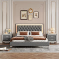Queen Upholstered Platform Bed with LED Lights - 3-Piece Set, Gray